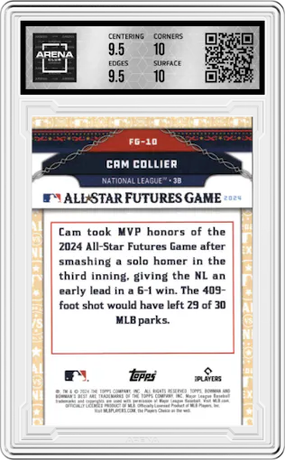 Cam Collier from the 2024 Bowman's Best set graded by Arena Club and given an overall grade of 10.