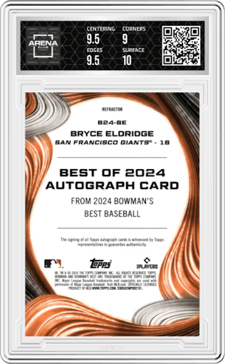 Bryce Eldridge  from the 2024 Bowman's Best set featuring a Refractor parallel graded by Arena Club and given an overall grade of 9.5.