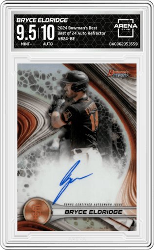 Bryce Eldridge  from the 2024 Bowman's Best set featuring a Refractor parallel graded by Arena Club and given an overall grade of 9.5.