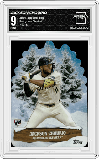 Jackson Chourio from the 2024 Topps Holiday set graded by Arena Club and given an overall grade of 9.