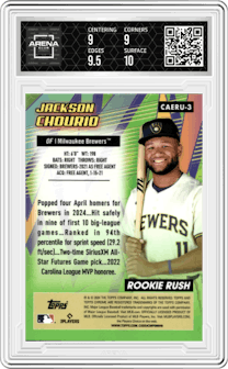 Jackson Chourio from the 2024 Topps Chrome Update set graded by Arena Club and given an overall grade of 9.5.