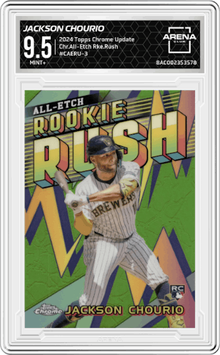 Jackson Chourio from the 2024 Topps Chrome Update set graded by Arena Club and given an overall grade of 9.5.