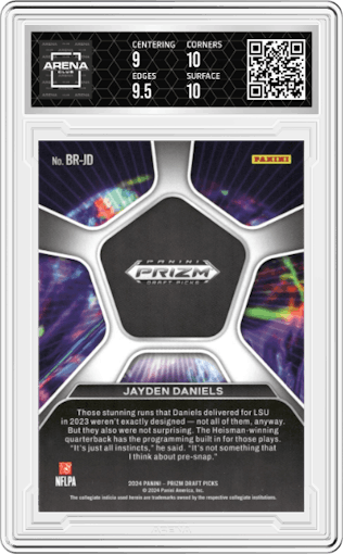 Jayden Daniels from the 2024 Panini Prizm Draft Picks set graded by Arena Club and given an overall grade of 9.5.