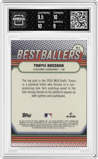 Travis Bazzana from the 2024 Bowman's Best set graded by Arena Club and given an overall grade of 9.5.