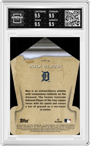 Max Clark from the 2024 Bowman's Best set graded by Arena Club and given an overall grade of 9.5.