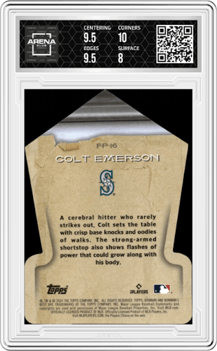 Colt Emerson from the 2024 Bowman's Best set graded by Arena Club and given an overall grade of 8.5.