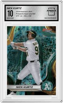 Nick Kurtz from the 2024 Bowman's Best set featuring a Aqua Lava Refractor parallel graded by Arena Club and given an overall grade of 10.
