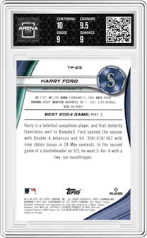 Harry Ford from the 2024 Bowman's Best set featuring a Mini-Diamond Refractor parallel graded by Arena Club and given an overall grade of 9.5.