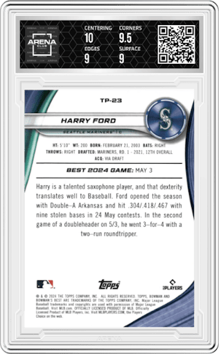 Harry Ford from the 2024 Bowman's Best set featuring a Mini-Diamond Refractor parallel graded by Arena Club and given an overall grade of 9.5.