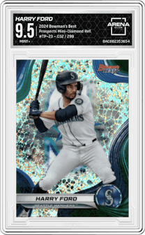 Harry Ford from the 2024 Bowman's Best set featuring a Mini-Diamond Refractor parallel graded by Arena Club and given an overall grade of 9.5.