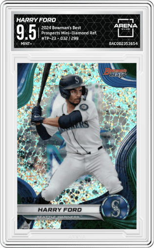 Harry Ford from the 2024 Bowman's Best set featuring a Mini-Diamond Refractor parallel graded by Arena Club and given an overall grade of 9.5.