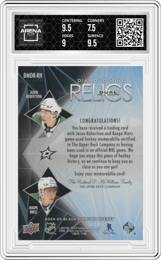 Jason Robertson/Roope Hintz from the 2024-25 Upper Deck Black Diamond set graded by Arena Club and given an overall grade of 8.