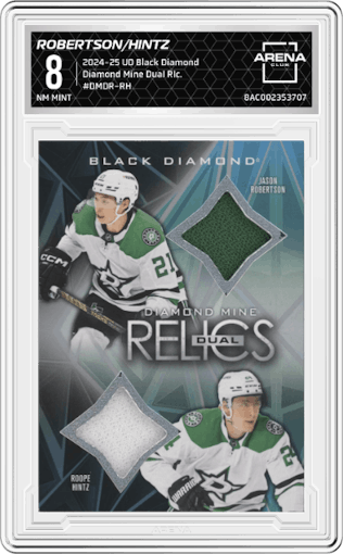 Jason Robertson/Roope Hintz from the 2024-25 Upper Deck Black Diamond set graded by Arena Club and given an overall grade of 8.