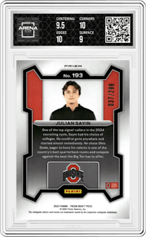 Julian Sayin from the 2024 Panini Prizm Draft Picks set featuring a Red Prizms parallel graded by Arena Club and given an overall grade of 9.5.