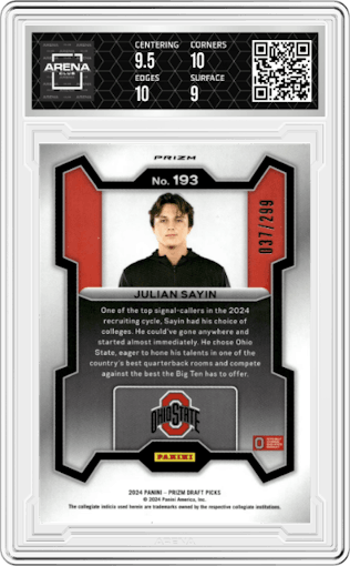 Julian Sayin from the 2024 Panini Prizm Draft Picks set featuring a Red Prizms parallel graded by Arena Club and given an overall grade of 9.5.