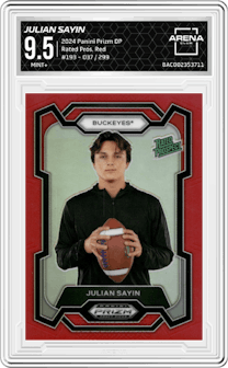 Julian Sayin from the 2024 Panini Prizm Draft Picks set featuring a Red Prizms parallel graded by Arena Club and given an overall grade of 9.5.