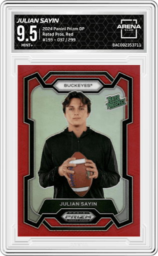 Julian Sayin from the 2024 Panini Prizm Draft Picks set featuring a Red Prizms parallel graded by Arena Club and given an overall grade of 9.5.