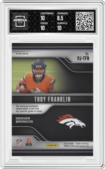 Troy Franklin from the 2024 Panini Prizm set featuring a Purple Pulsar parallel graded by Arena Club and given an overall grade of 9.