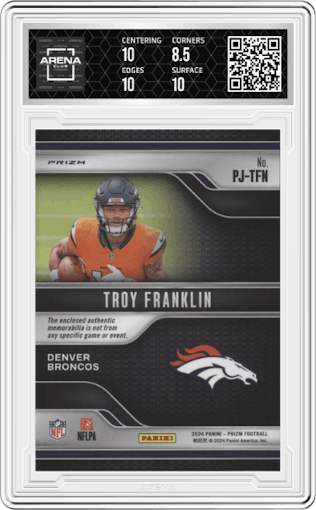 Troy Franklin from the 2024 Panini Prizm set featuring a Purple Pulsar parallel graded by Arena Club and given an overall grade of 9.