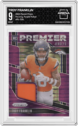 Troy Franklin from the 2024 Panini Prizm set featuring a Purple Pulsar parallel graded by Arena Club and given an overall grade of 9.
