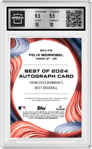 Felix Morrobel from the 2024 Bowman's Best set graded by Arena Club and given an overall grade of 10.