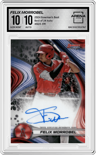 Felix Morrobel from the 2024 Bowman's Best set graded by Arena Club and given an overall grade of 10.