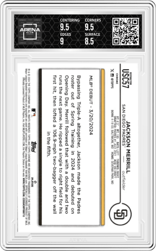 Jackson Merrill from the 2024 Topps Chrome Update set featuring a Refractor parallel graded by Arena Club and given an overall grade of 9.