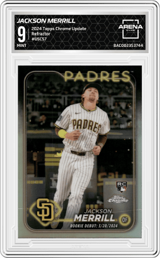 Jackson Merrill from the 2024 Topps Chrome Update set featuring a Refractor parallel graded by Arena Club and given an overall grade of 9.