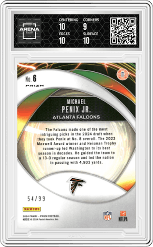 Michael Penix Jr. from the 2024 Panini Prizm set featuring a Blue Ice Prizms parallel graded by Arena Club and given an overall grade of 9.5.