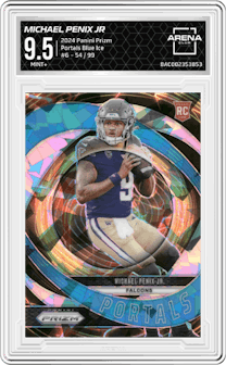 Michael Penix Jr. from the 2024 Panini Prizm set featuring a Blue Ice Prizms parallel graded by Arena Club and given an overall grade of 9.5.