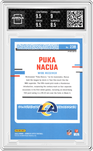 Puka Nacua from the 2023 Donruss Optic set featuring a Hyper Blue parallel graded by Arena Club and given an overall grade of 9.
