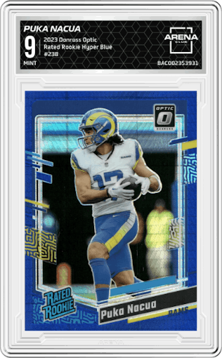 Puka Nacua from the 2023 Donruss Optic set featuring a Hyper Blue parallel graded by Arena Club and given an overall grade of 9.