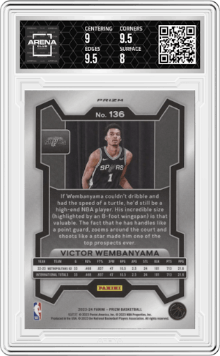 Victor Wembanyama from the 2023-24 Panini Prizm set featuring a Silver Prizm  parallel graded by Arena Club and given an overall grade of 8.5.
