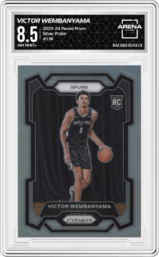 Victor Wembanyama from the 2023-24 Panini Prizm set featuring a Silver Prizm  parallel graded by Arena Club and given an overall grade of 8.5.