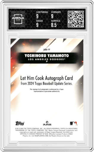 Yoshinobu Yamamoto from the 2024 Topps Update set graded by Arena Club and given an overall grade of 9.