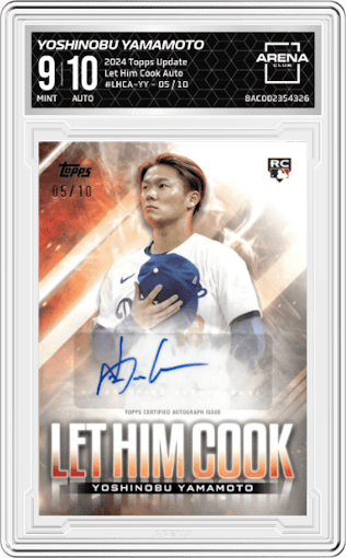 Yoshinobu Yamamoto from the 2024 Topps Update set graded by Arena Club and given an overall grade of 9.