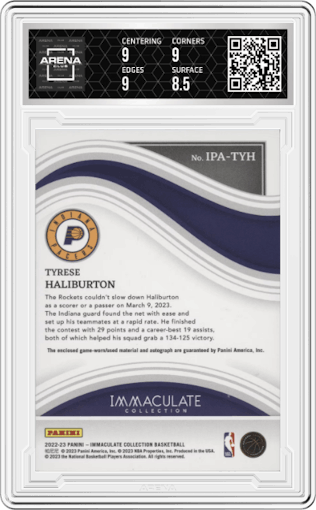 Tyrese Haliburton from the 2022-23 Panini Immaculate Collection set graded by Arena Club and given an overall grade of 9.