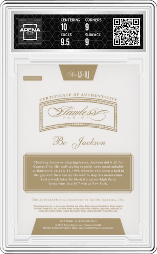 Bo Jackson from the 2017 Panini Flawless set featuring a Emerald parallel graded by Arena Club and given an overall grade of 9.5.