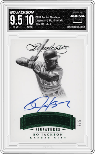 Bo Jackson from the 2017 Panini Flawless set featuring a Emerald parallel graded by Arena Club and given an overall grade of 9.5.