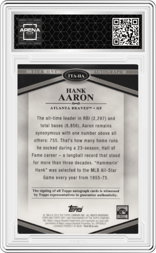 Hank Aaron from the 2012 Topps Tier One set graded by Arena Club.