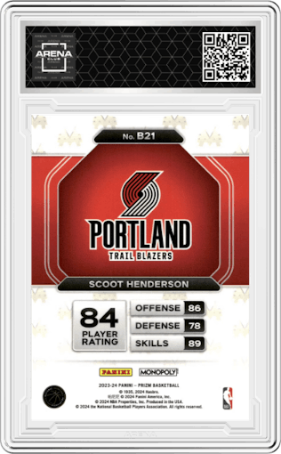 Scoot Henderson from the 2023-24 Panini Prizm Monopoly set graded by Arena Club.