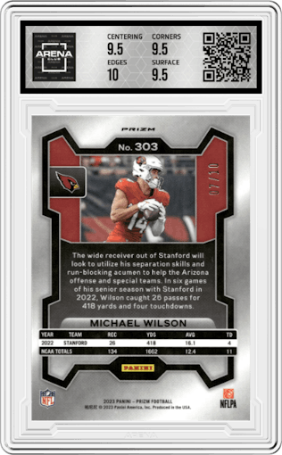 Michael Wilson from the 2023 Panini Prizm set featuring a Gold Prizm parallel graded by Arena Club and given an overall grade of 10.