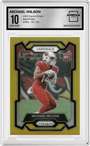 Michael Wilson from the 2023 Panini Prizm set featuring a Gold Prizm parallel graded by Arena Club and given an overall grade of 10.