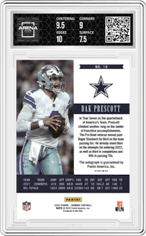Dak Prescott from the 2022 Panini Honors set featuring a Blue parallel graded by Arena Club and given an overall grade of 8.