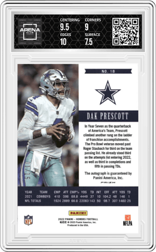 Dak Prescott from the 2022 Panini Honors set featuring a Blue parallel graded by Arena Club and given an overall grade of 8.