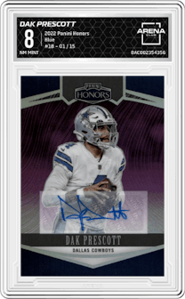 Dak Prescott from the 2022 Panini Honors set featuring a Blue parallel graded by Arena Club and given an overall grade of 8.