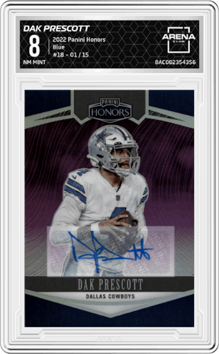 Dak Prescott from the 2022 Panini Honors set featuring a Blue parallel graded by Arena Club and given an overall grade of 8.