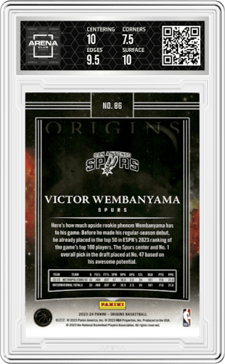 Victor Wembanyama from the 2023-24 Panini Origins set featuring a Neon Stripes  parallel graded by Arena Club and given an overall grade of 8.