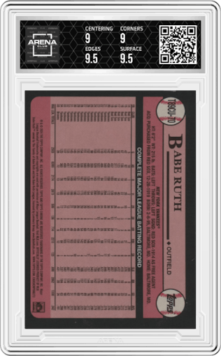 Babe Ruth from the 2024 Topps Update set featuring a Red Refractor parallel graded by Arena Club and given an overall grade of 9.5.