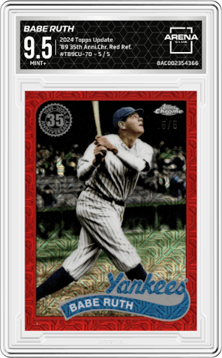 Babe Ruth from the 2024 Topps Update set featuring a Red Refractor parallel graded by Arena Club and given an overall grade of 9.5.